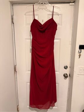 Azazie Red Cowl-Neck Spaghetti Strap Gown